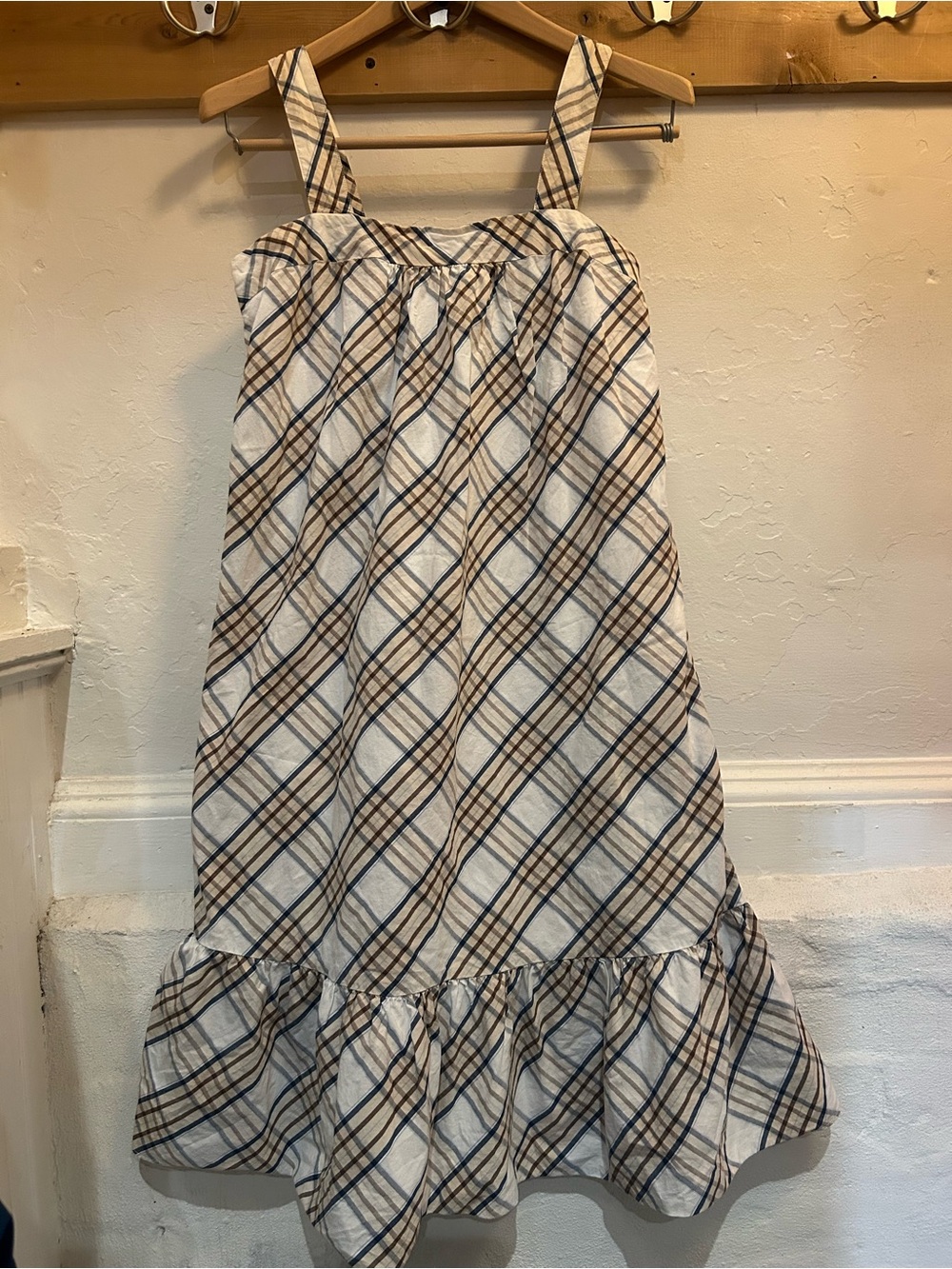 Garnet Hill Cream Plaid Sundress with Brown and Tan Stripes